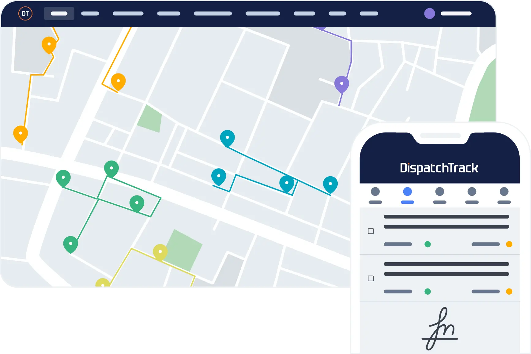 DispatchTrack's food delivery software on a mobile and desktop device